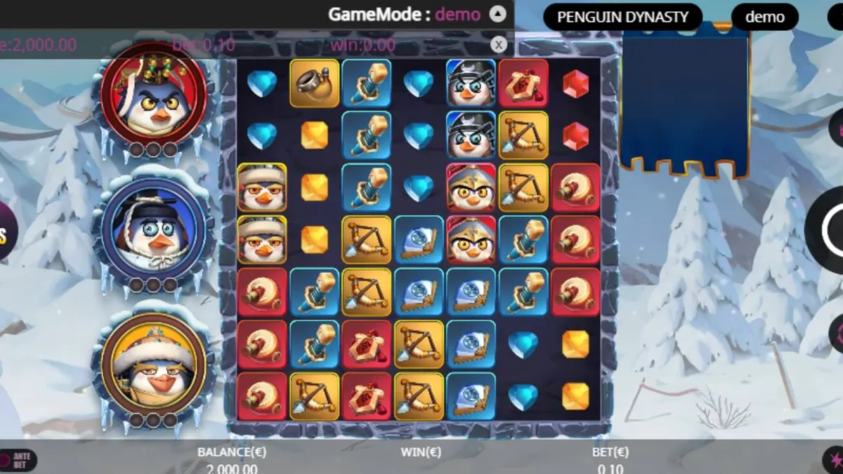 Penguin Dynasty slot game interface featuring icy palace themes and penguin warriors