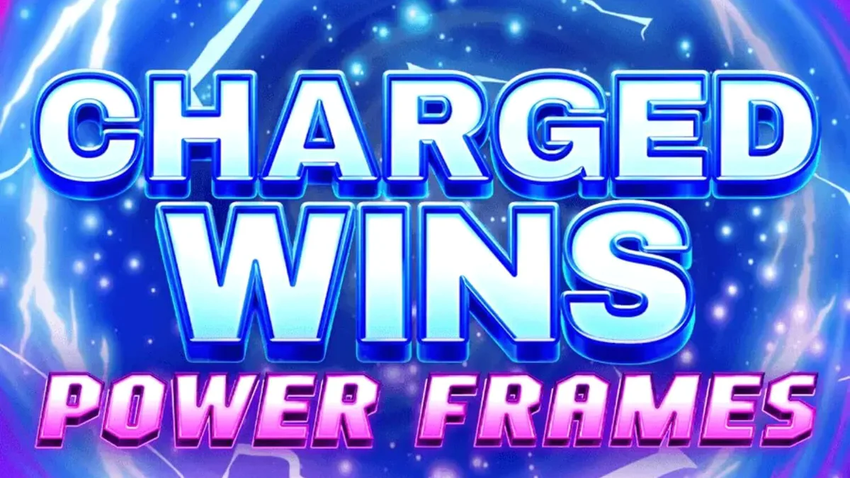 Tampilan layar permainan slot Charged Wins: Power Frames dengan elemen neon futuristik