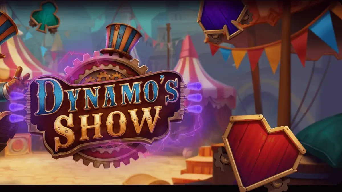 Robot ringmaster memandu pemain dalam slot Dynamo's Show dengan latar belakang panggung sirkus yang megah.