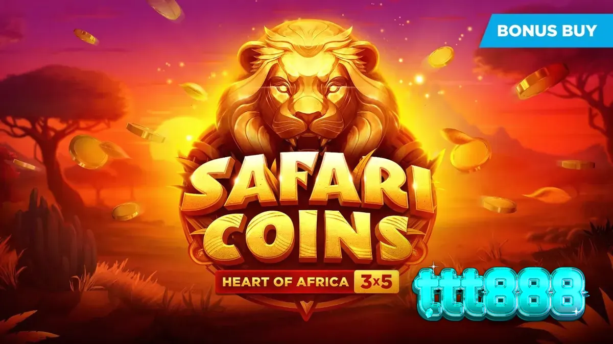 Pemandangan padang rumput Afrika dengan elemen emas dan singa dalam permainan slot Safari Coins.